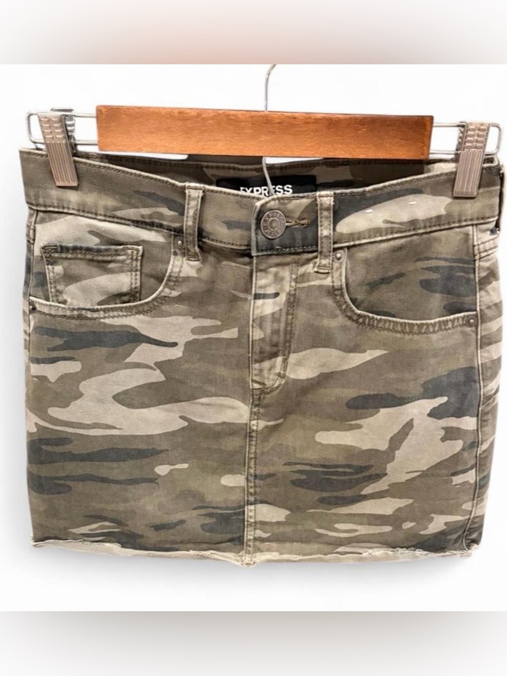 Express Green Camo Mid Rise Straight Denim Mini Skirt | Size 00